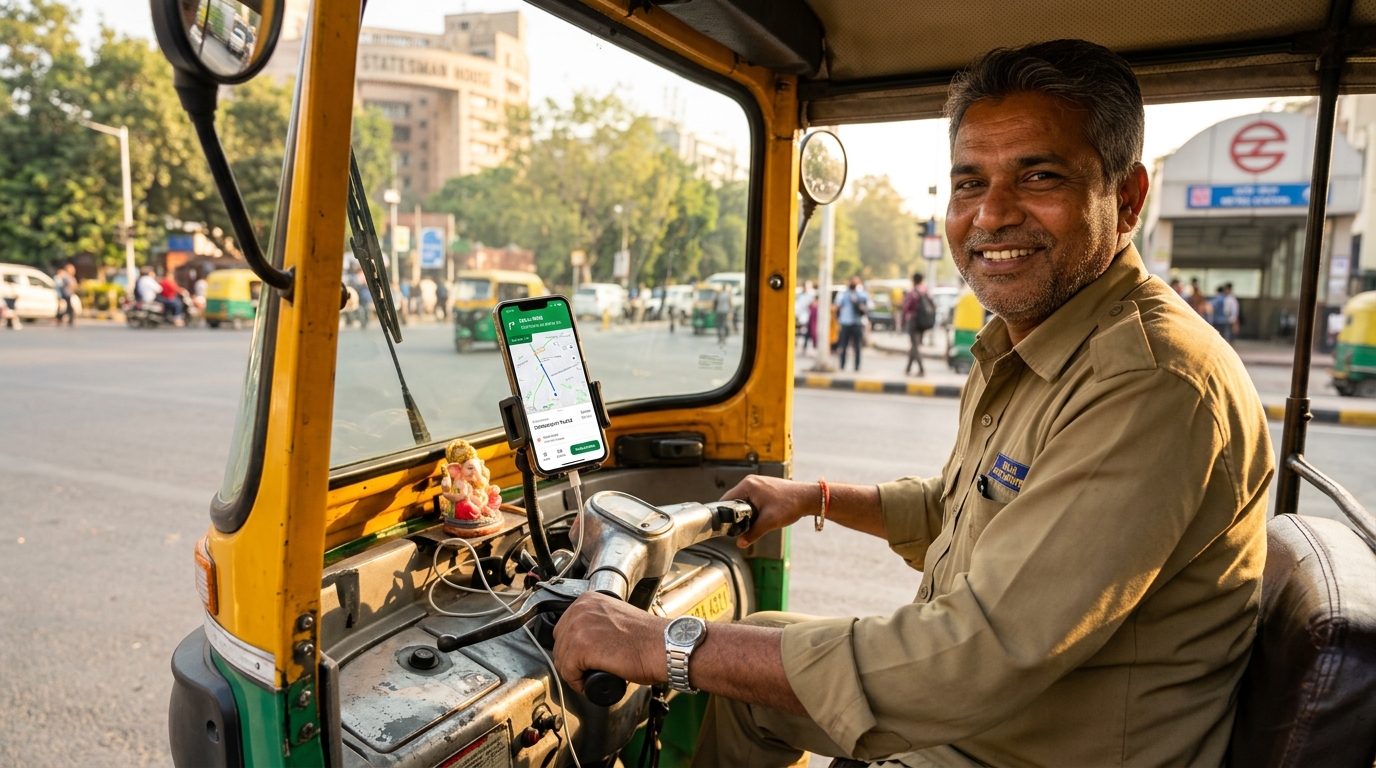 Delhi auto-rickshaw driver with GPS tracking app